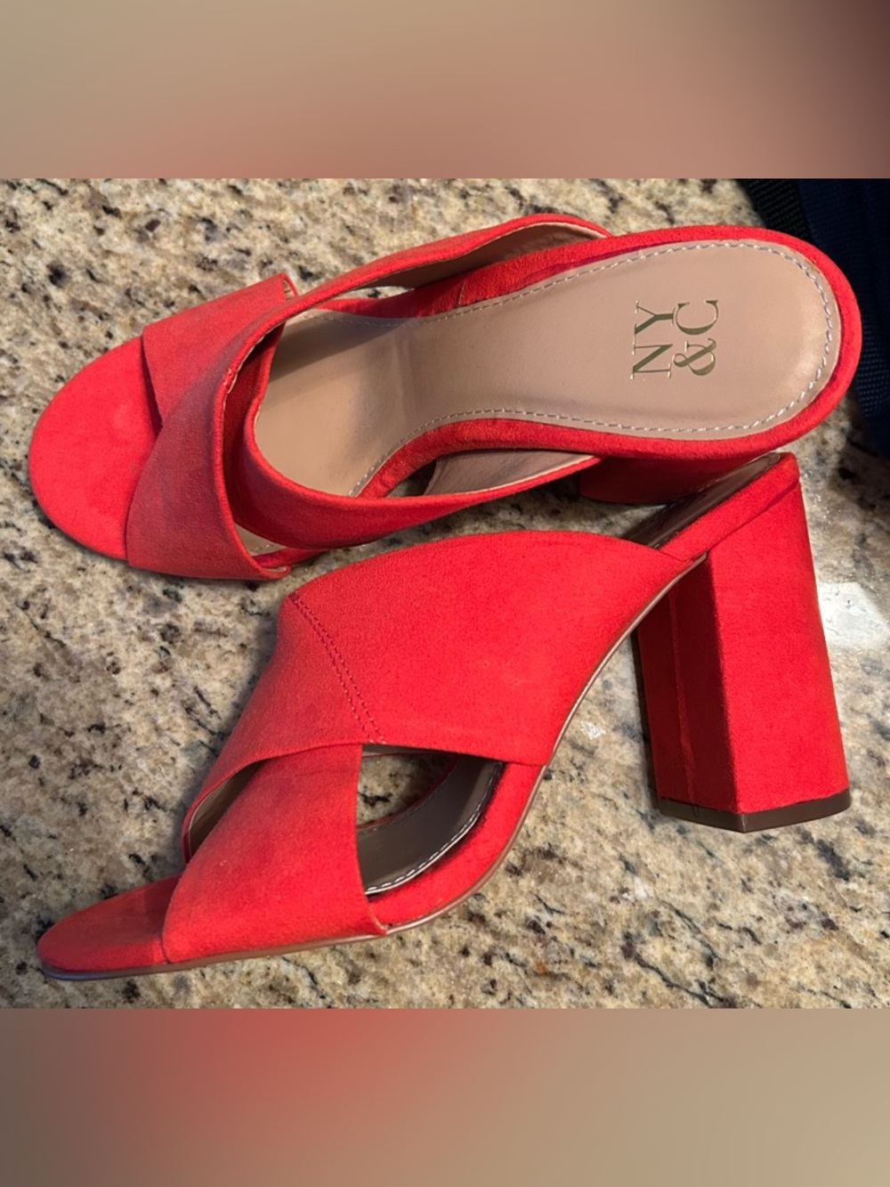 New York & Company Coral Suede Crisscross Block Heel Mules